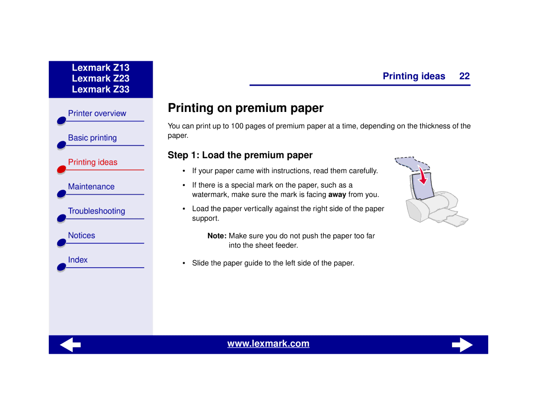 Lexmark Z13, Z23, Z33 manual Printing on premium paper, Load the premium paper 