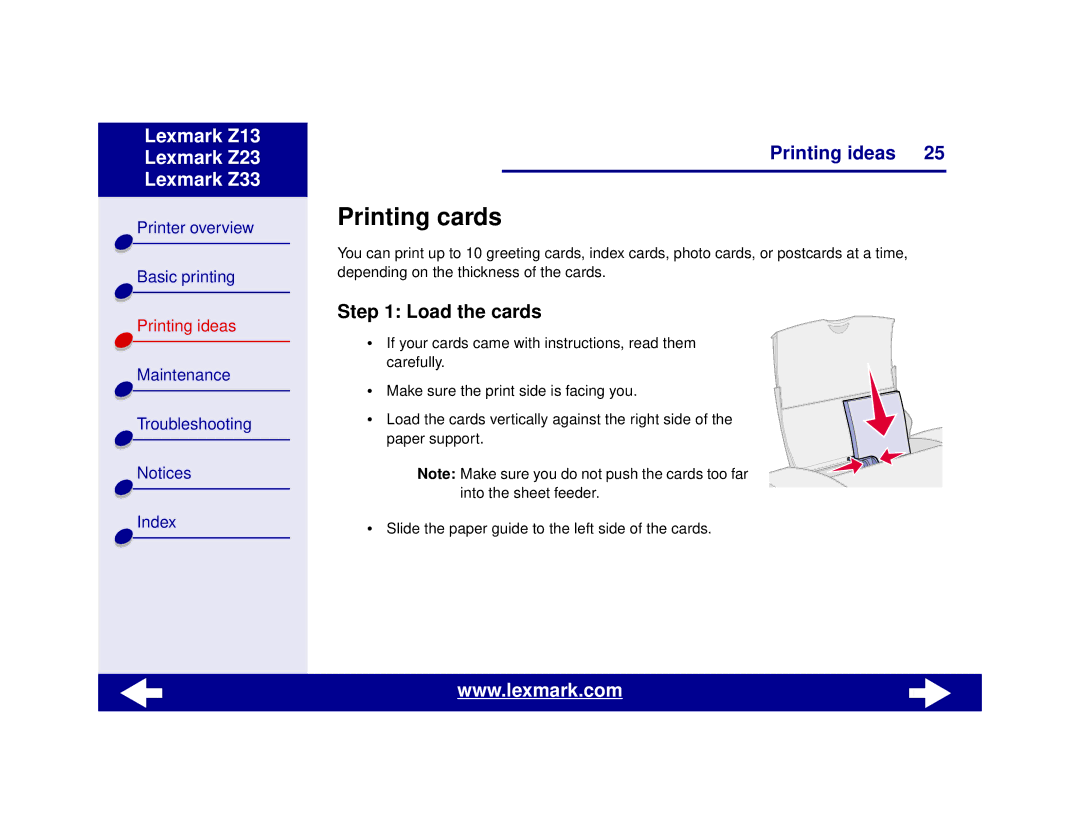 Lexmark Z13, Z23, Z33 manual Printing cards, Load the cards 