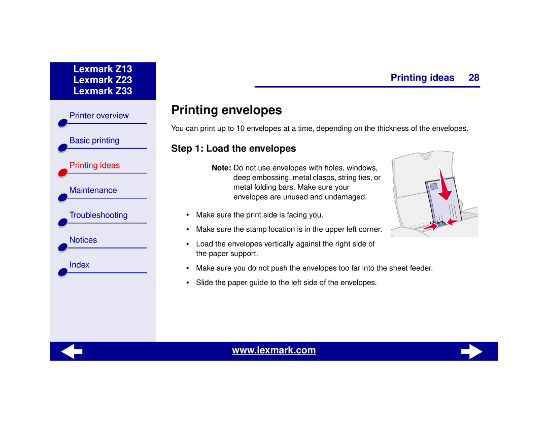 Lexmark Z13, Z23, Z33 manual Printing envelopes, Load the envelopes 