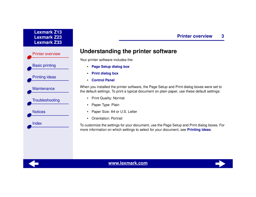 Lexmark Z13, Z23, Z33 manual Understanding the printer software, Setup dialog box Print dialog box Control Panel 