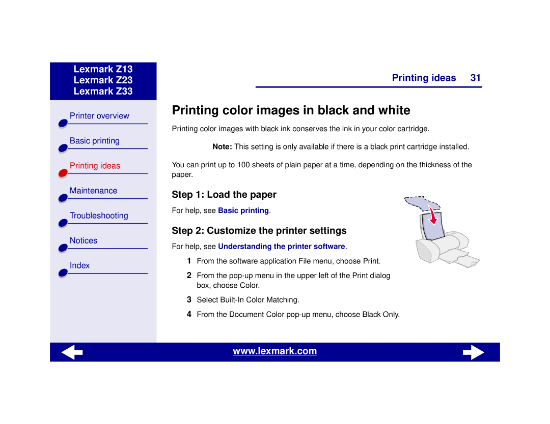 Lexmark Z13, Z23, Z33 manual Printing color images in black and white, Load the paper 