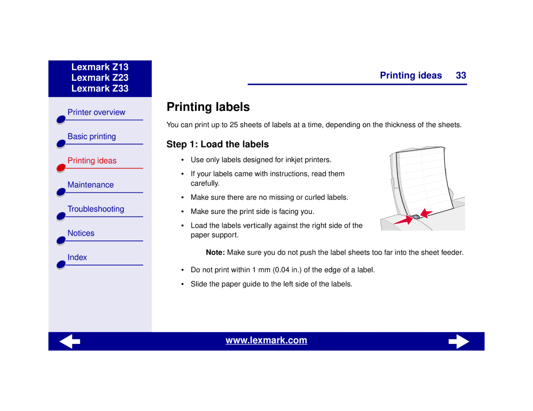 Lexmark Z13, Z23, Z33 manual Printing labels, Load the labels 