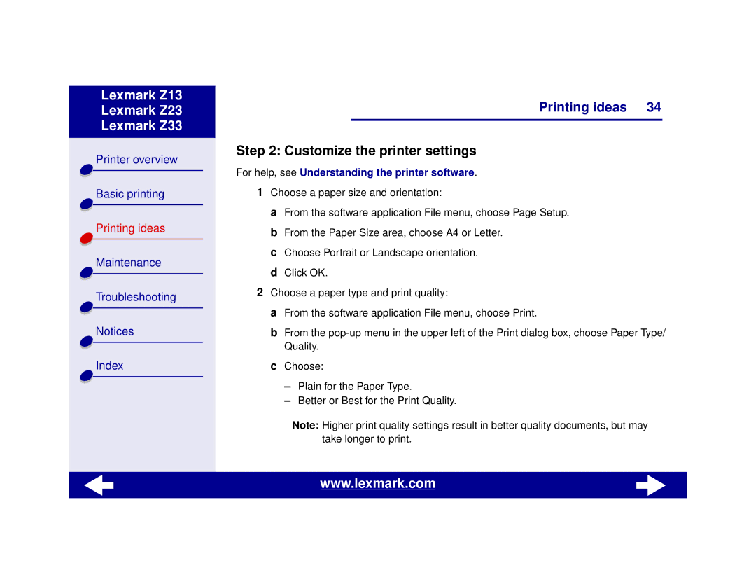 Lexmark Z13, Z23, Z33 manual Customize the printer settings 