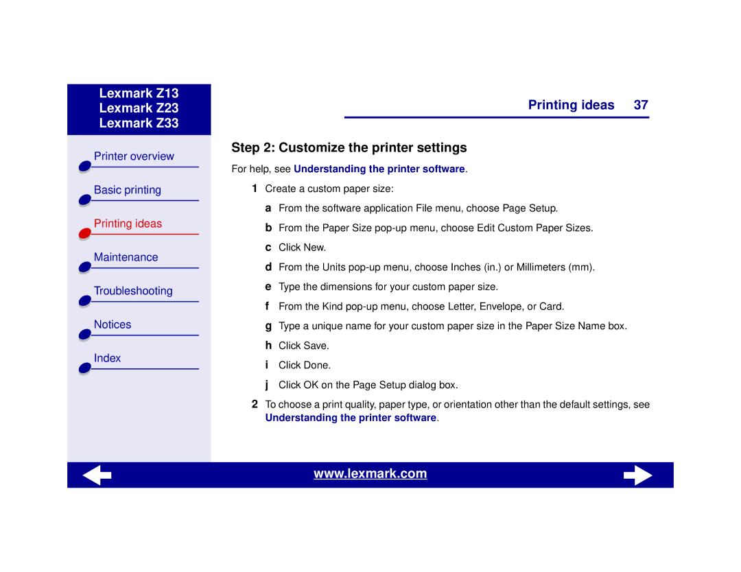 Lexmark Z13, Z23, Z33 manual Customize the printer settings 