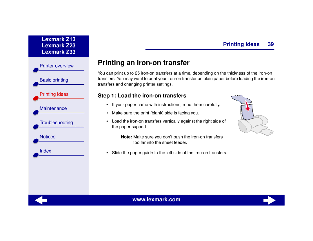 Lexmark Z13, Z23, Z33 manual Printing an iron-on transfer, Load the iron-on transfers 