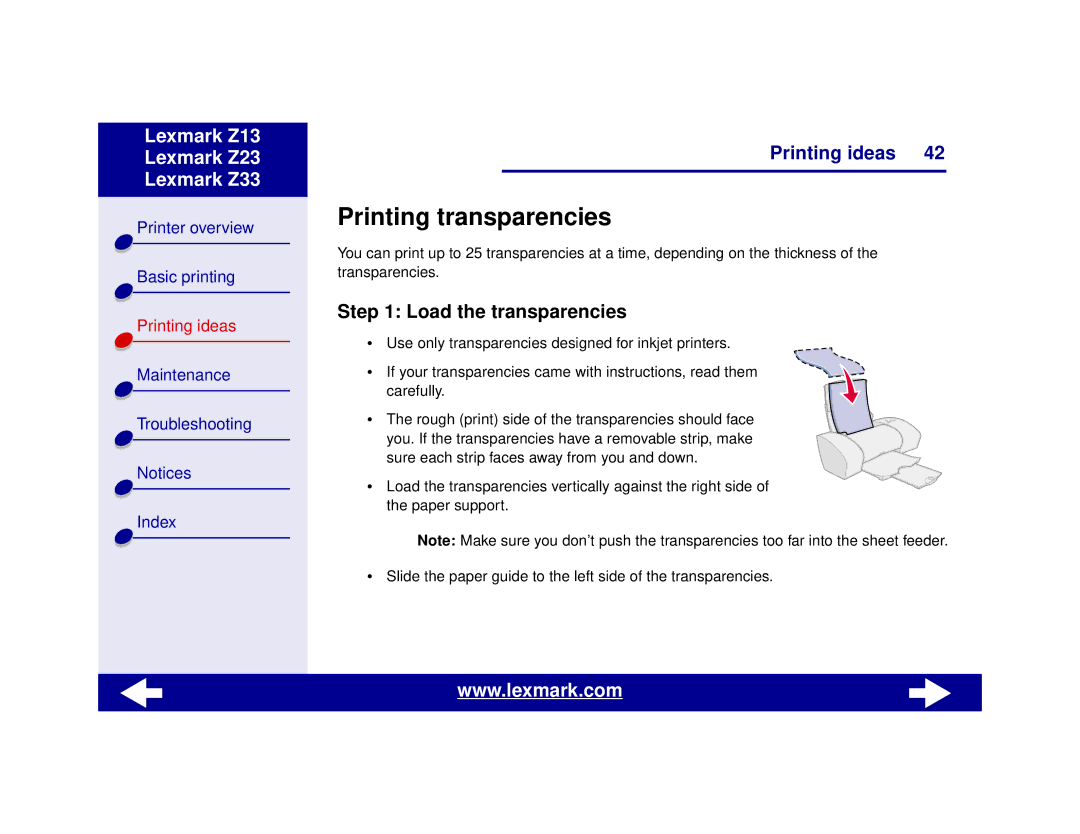 Lexmark Z13, Z23, Z33 manual Printing transparencies, Load the transparencies 