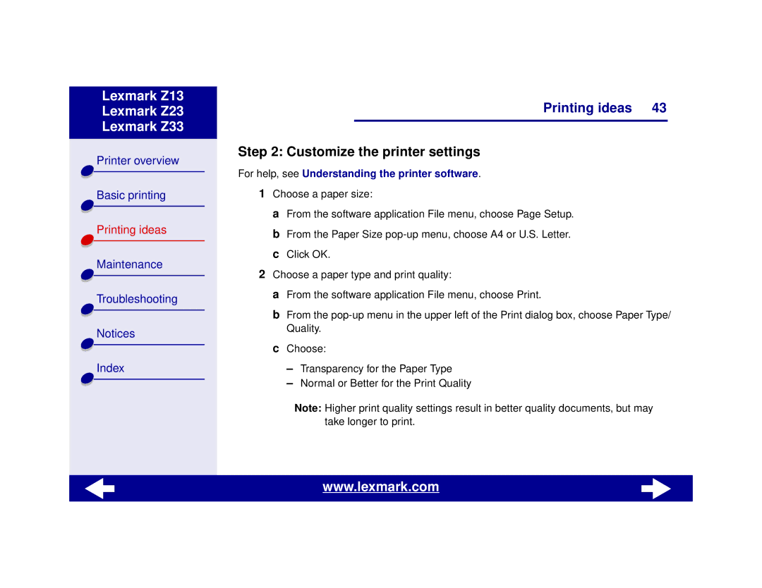 Lexmark Z13, Z23, Z33 manual Customize the printer settings 