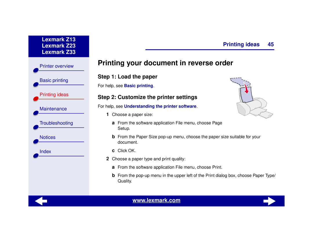 Lexmark Z13, Z23, Z33 manual Printing your document in reverse order, Load the paper 