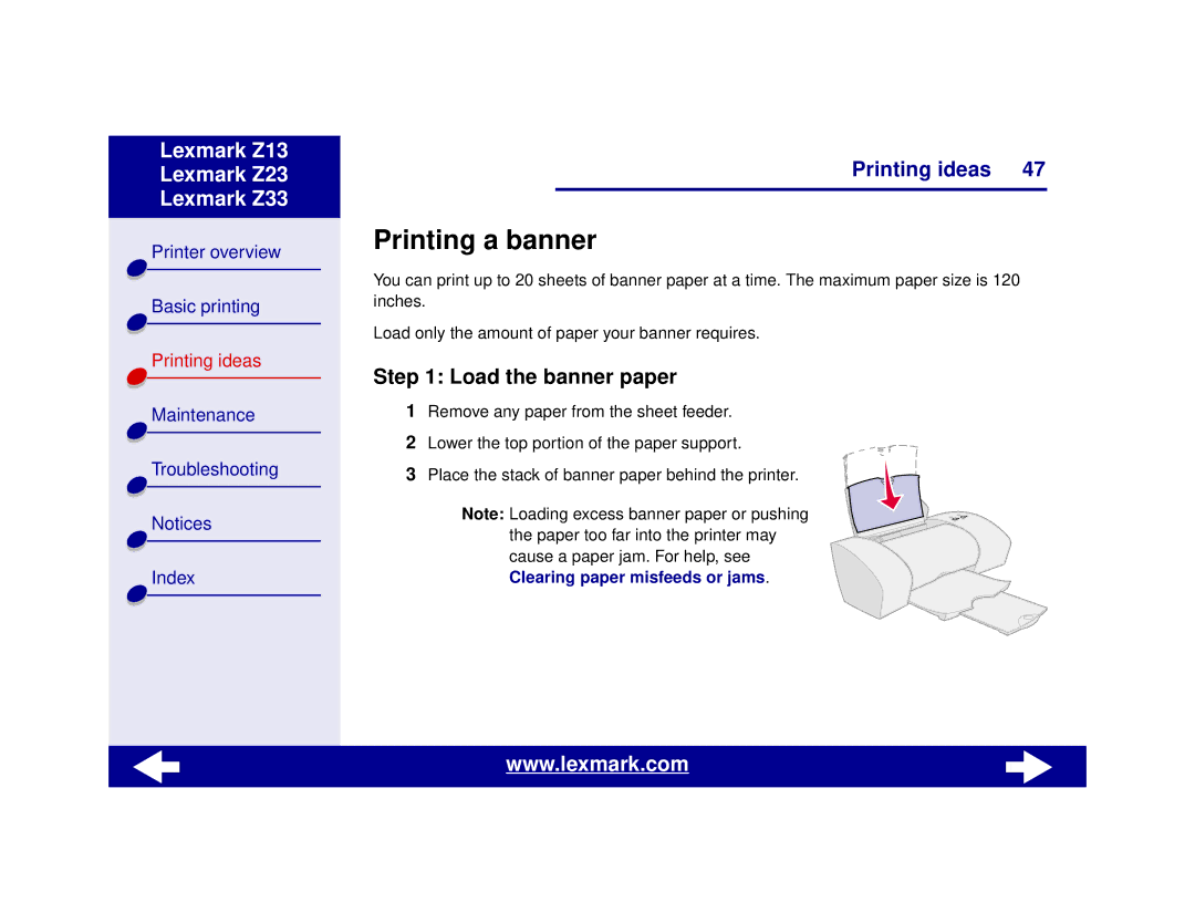 Lexmark Z13, Z23, Z33 manual Printing a banner, Load the banner paper 