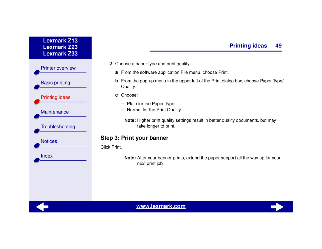 Lexmark Z13, Z23, Z33 manual Print your banner 