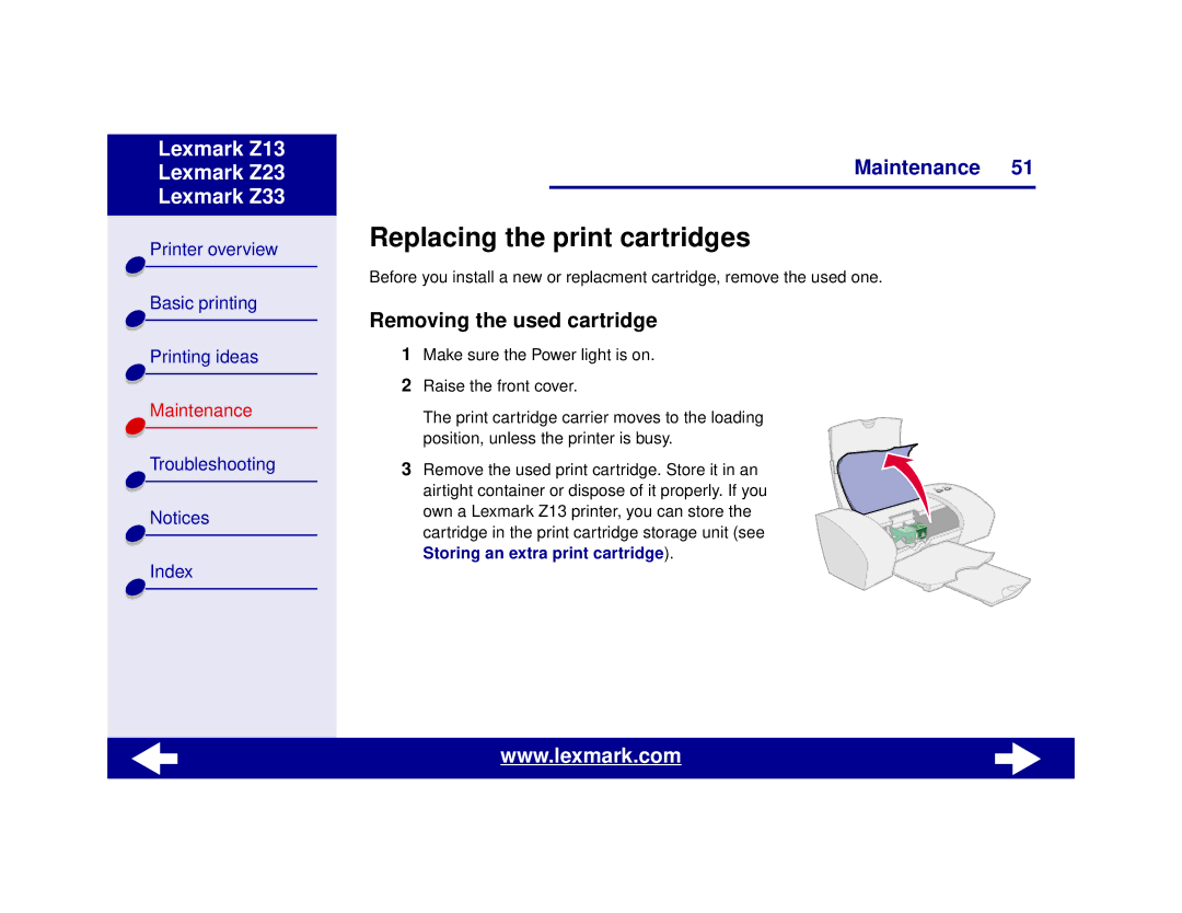 Lexmark Z13, Z23, Z33 manual Replacing the print cartridges, Removing the used cartridge 