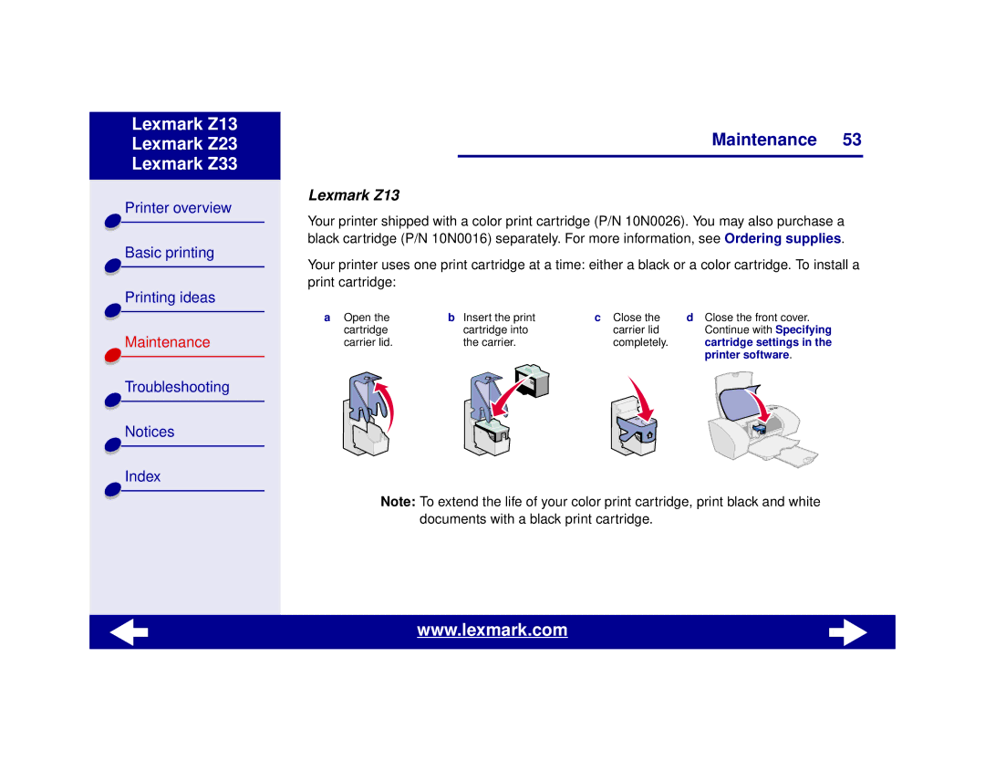 Lexmark Z13, Z23, Z33 manual Lexmark Z13 