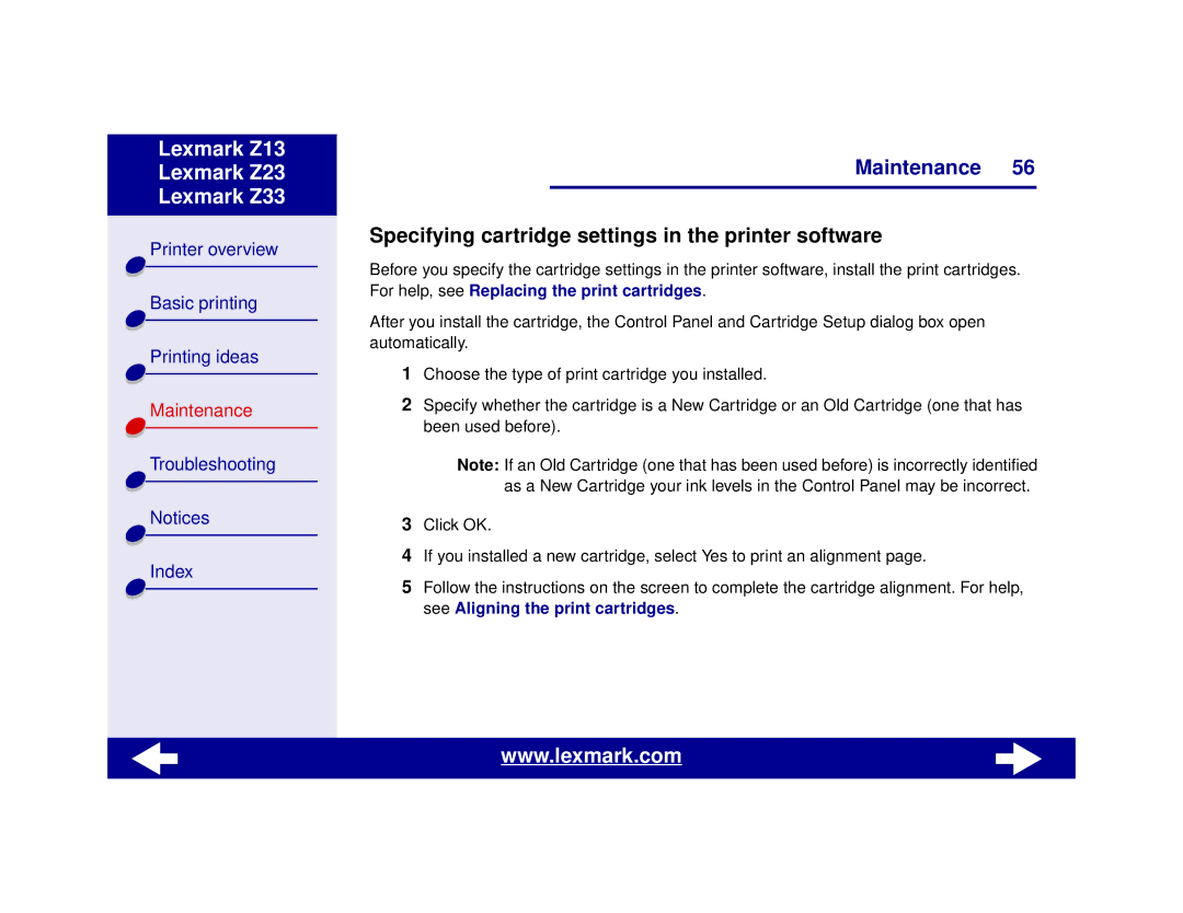 Lexmark Z13, Z23, Z33 manual Specifying cartridge settings in the printer software 