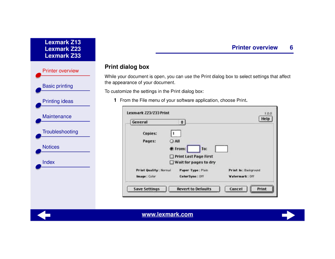 Lexmark Z13, Z23, Z33 manual Print dialog box 