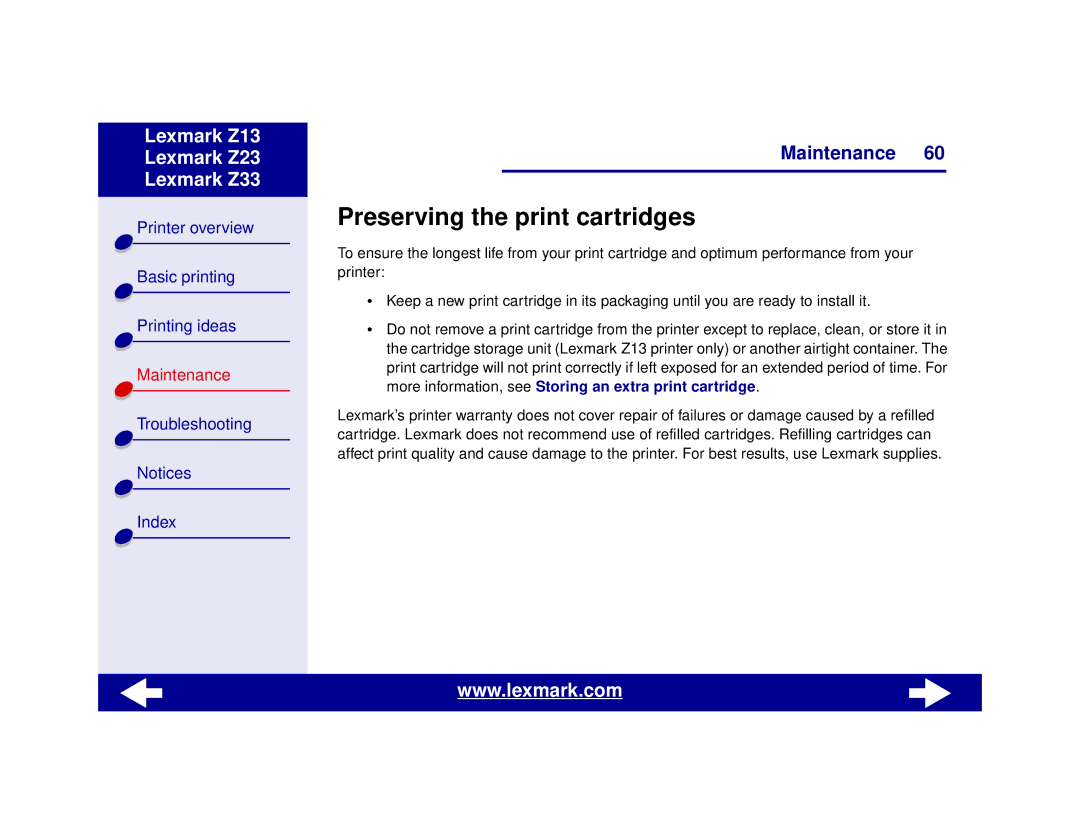 Lexmark Z13, Z23, Z33 manual Preserving the print cartridges 