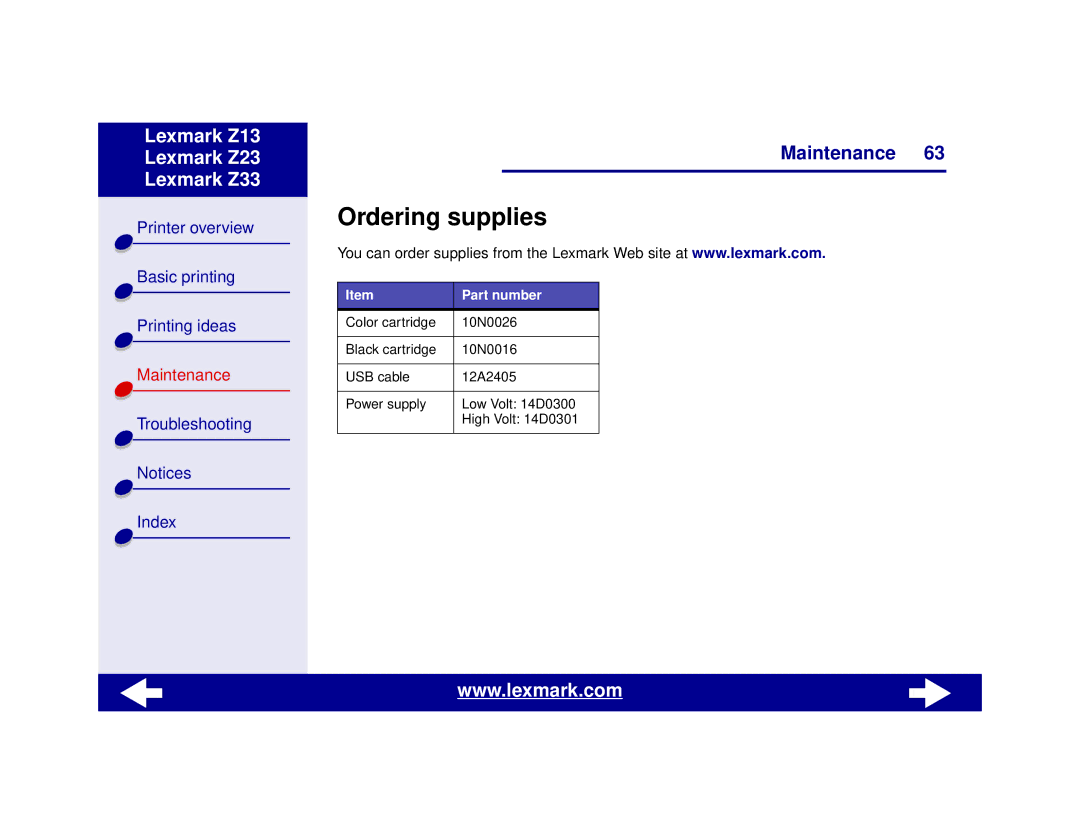 Lexmark Z13, Z23, Z33 manual Ordering supplies, Part number 