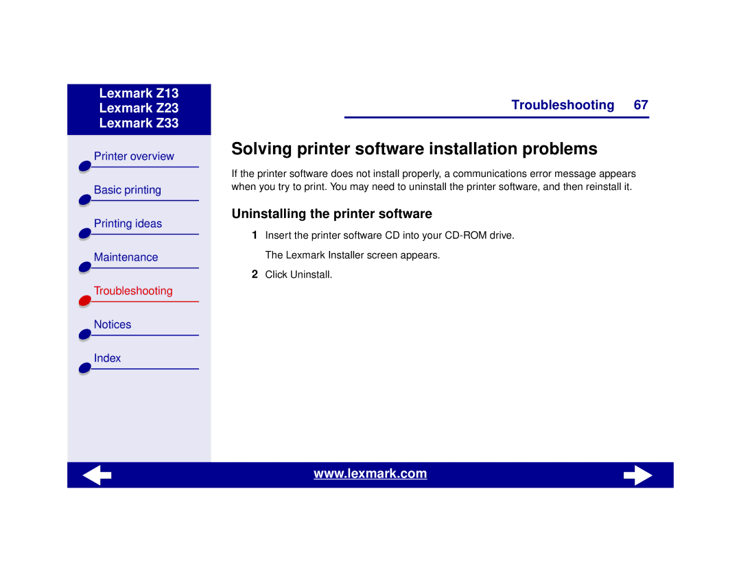 Lexmark Z13, Z23, Z33 manual Solving printer software installation problems, Uninstalling the printer software 