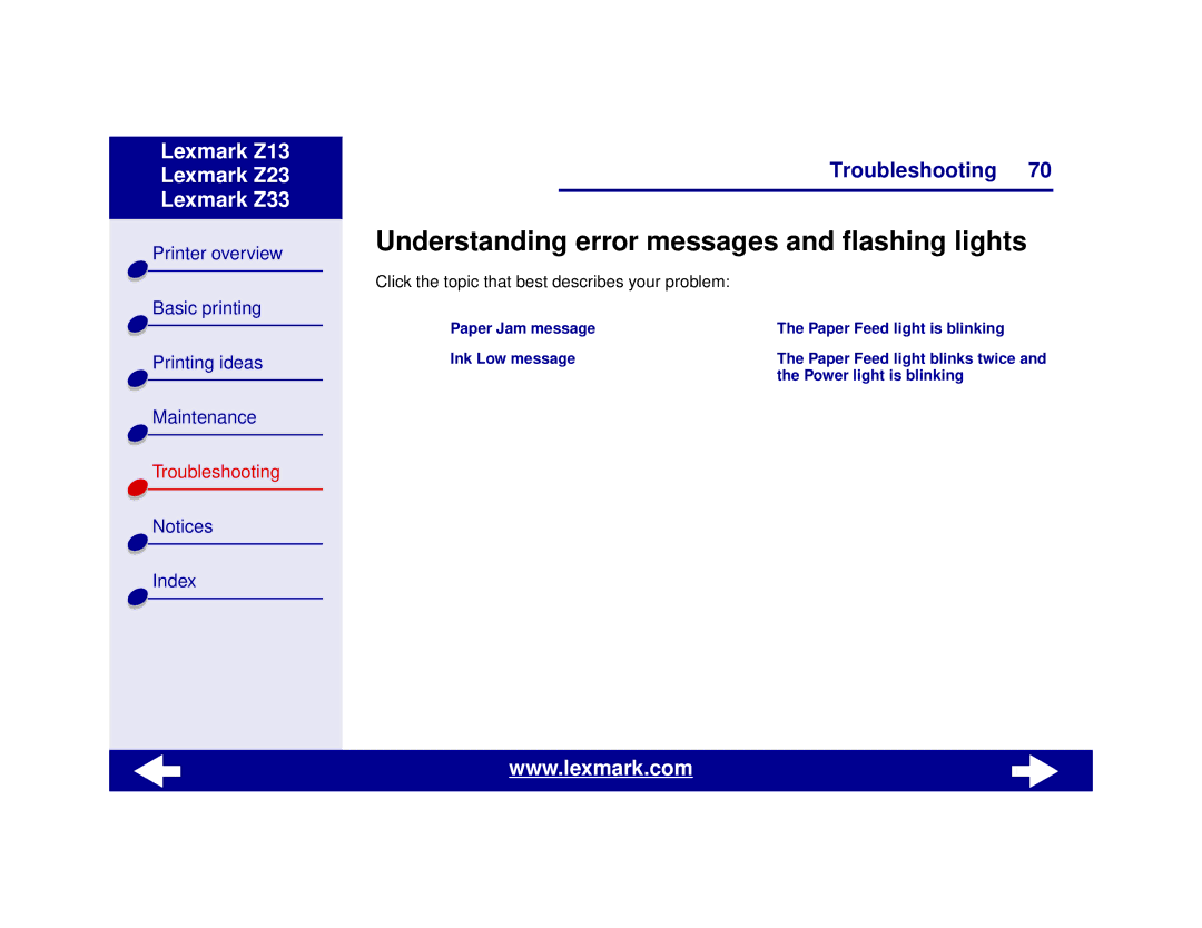 Lexmark Z13, Z23, Z33 Understanding error messages and flashing lights, Click the topic that best describes your problem 