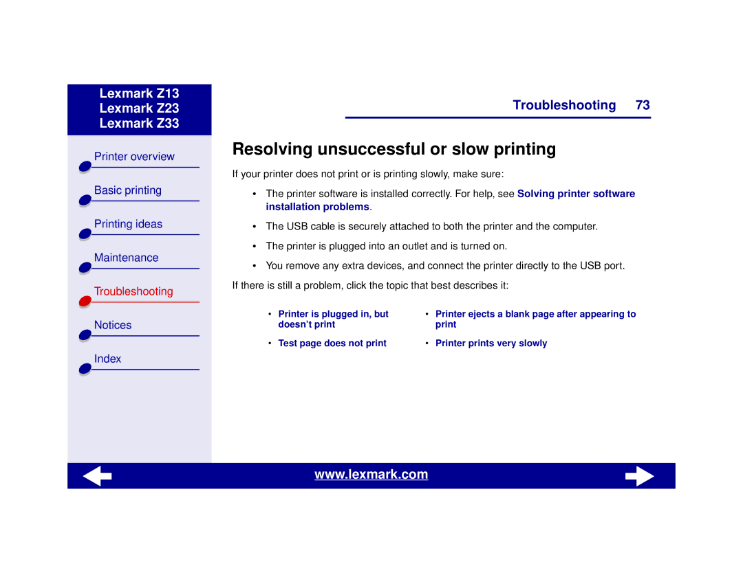 Lexmark Z13, Z23, Z33 manual Resolving unsuccessful or slow printing 