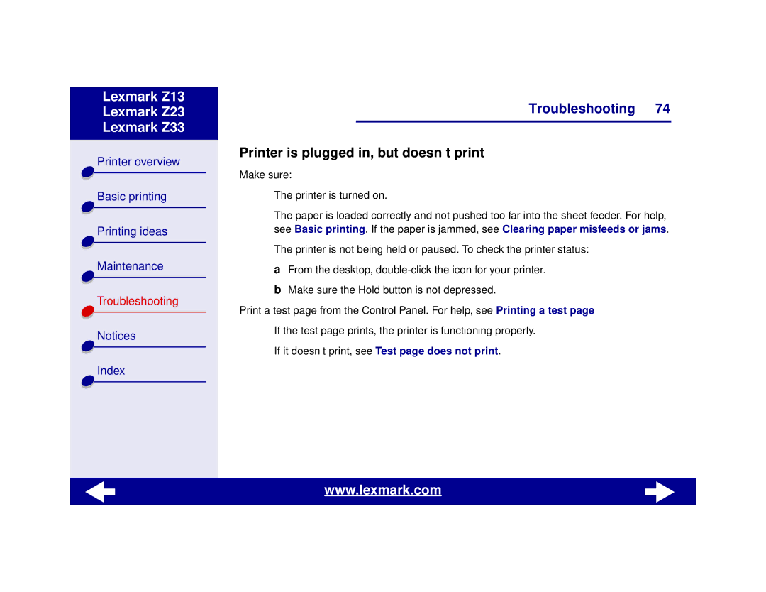 Lexmark Z13, Z23, Z33 manual Printer is plugged in, but doesn’t print 