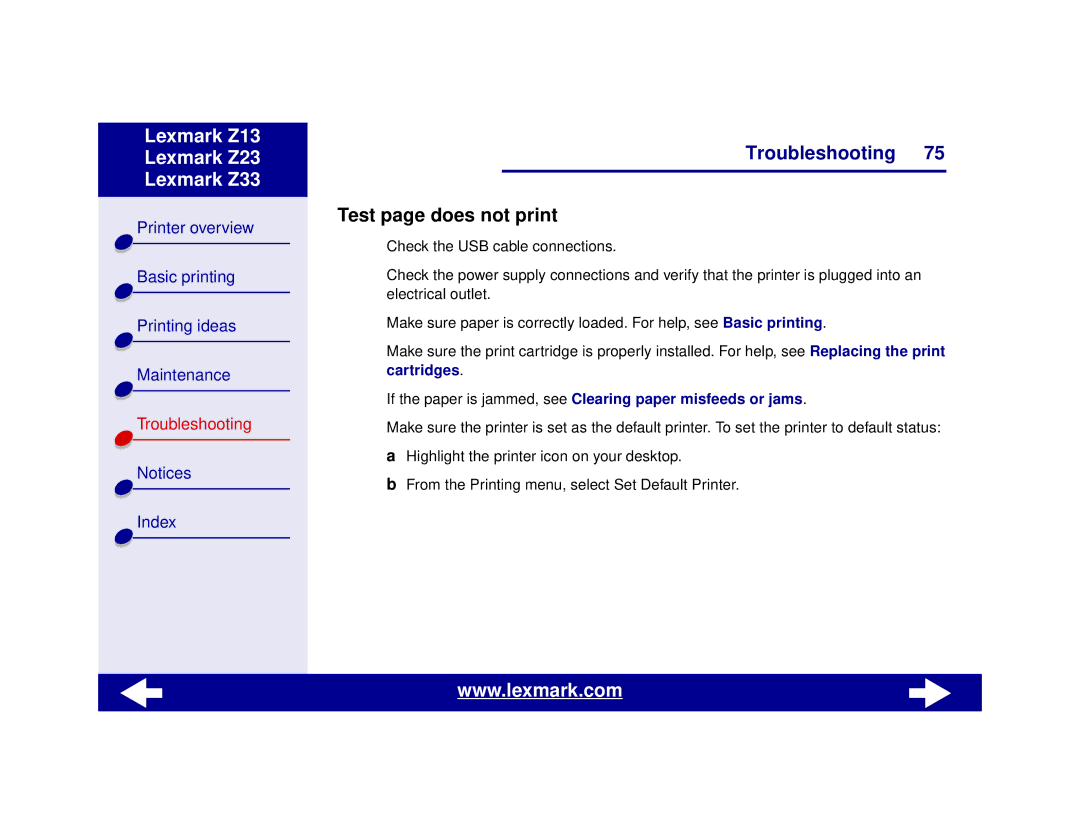 Lexmark Z13, Z23, Z33 manual Test page does not print, If the paper is jammed, see Clearing paper misfeeds or jams 