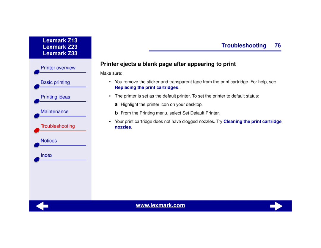 Lexmark Z13, Z23, Z33 manual Printer ejects a blank page after appearing to print 