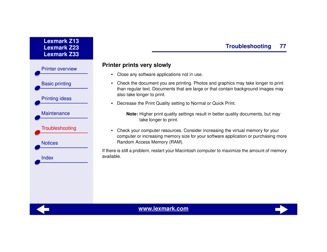 Lexmark Z13, Z23, Z33 manual Printer prints very slowly 