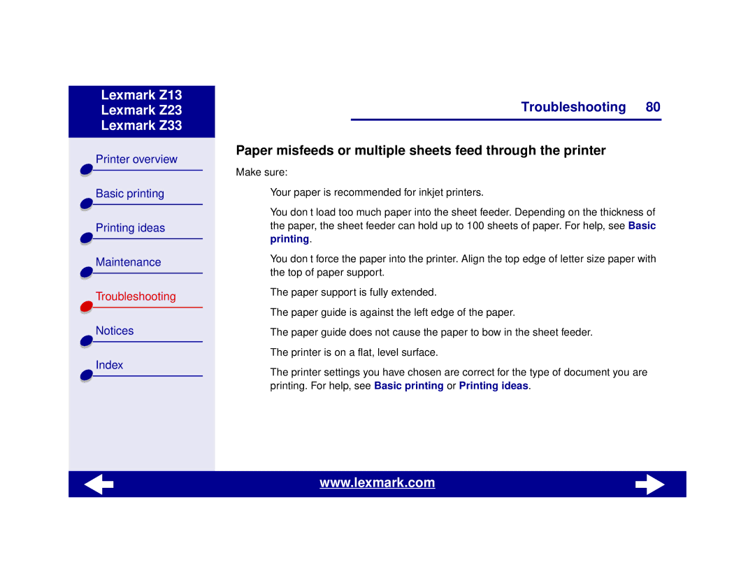 Lexmark Z13, Z23, Z33 manual Paper misfeeds or multiple sheets feed through the printer 