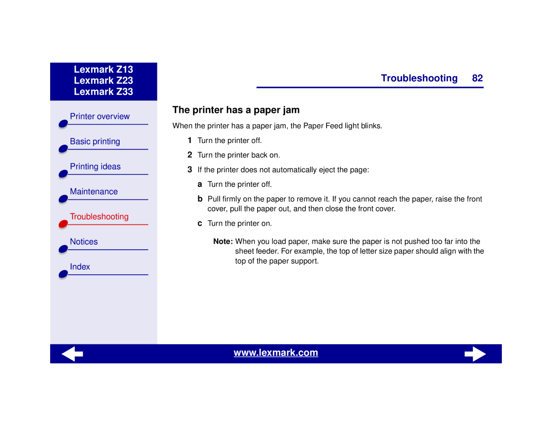 Lexmark Z13, Z23, Z33 manual Printer has a paper jam 