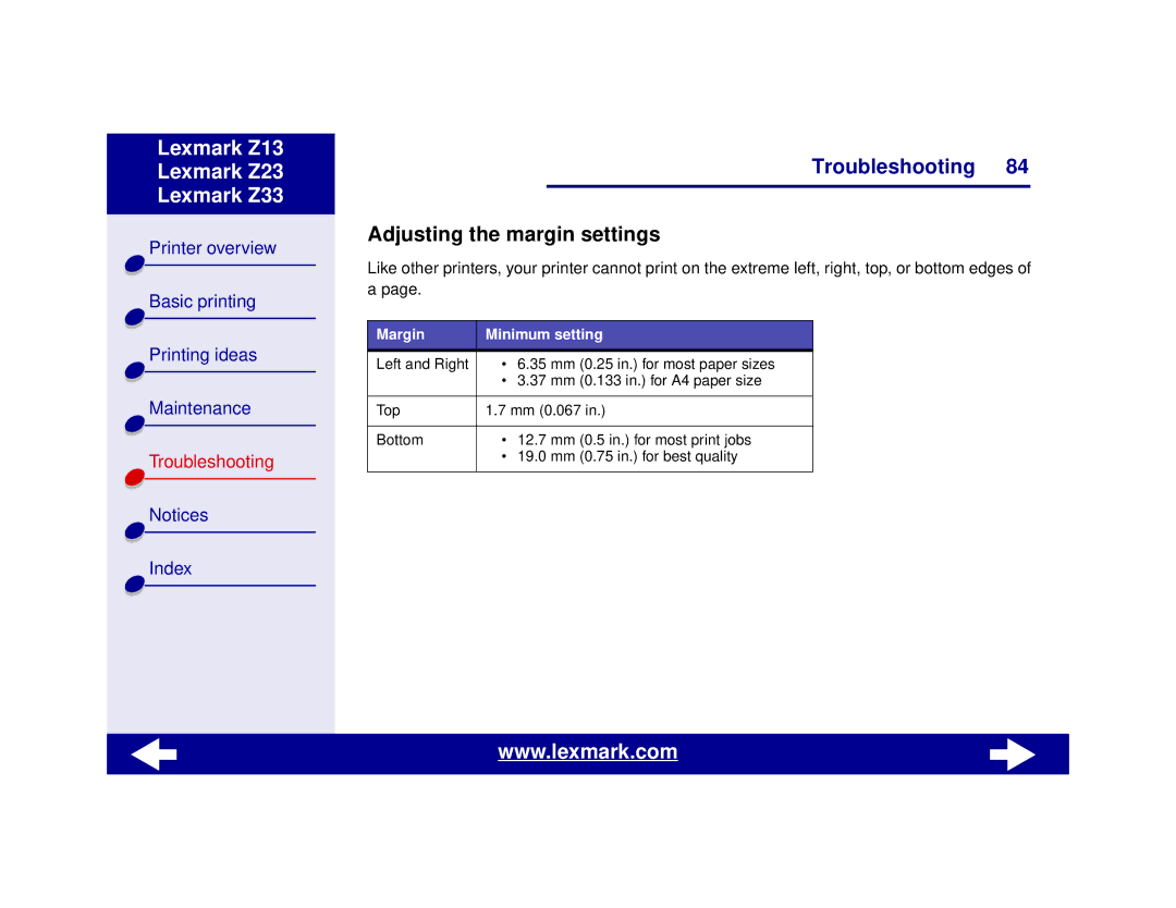 Lexmark Z13, Z23, Z33 manual Adjusting the margin settings, Margin Minimum setting 