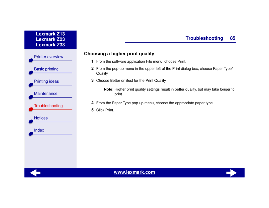 Lexmark Z13, Z23, Z33 manual Choosing a higher print quality 