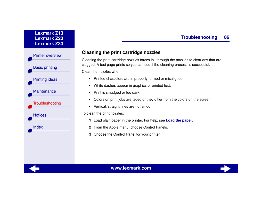 Lexmark Z13, Z23, Z33 manual Cleaning the print cartridge nozzles 