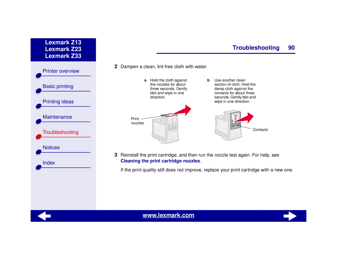 Lexmark Z13, Z23, Z33 manual Dampen a clean, lint-free cloth with water 