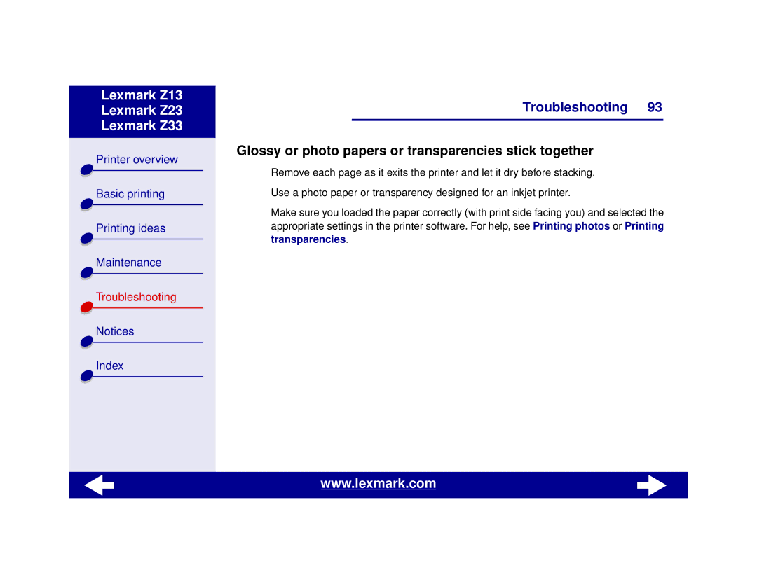 Lexmark Z13, Z23, Z33 manual Glossy or photo papers or transparencies stick together 