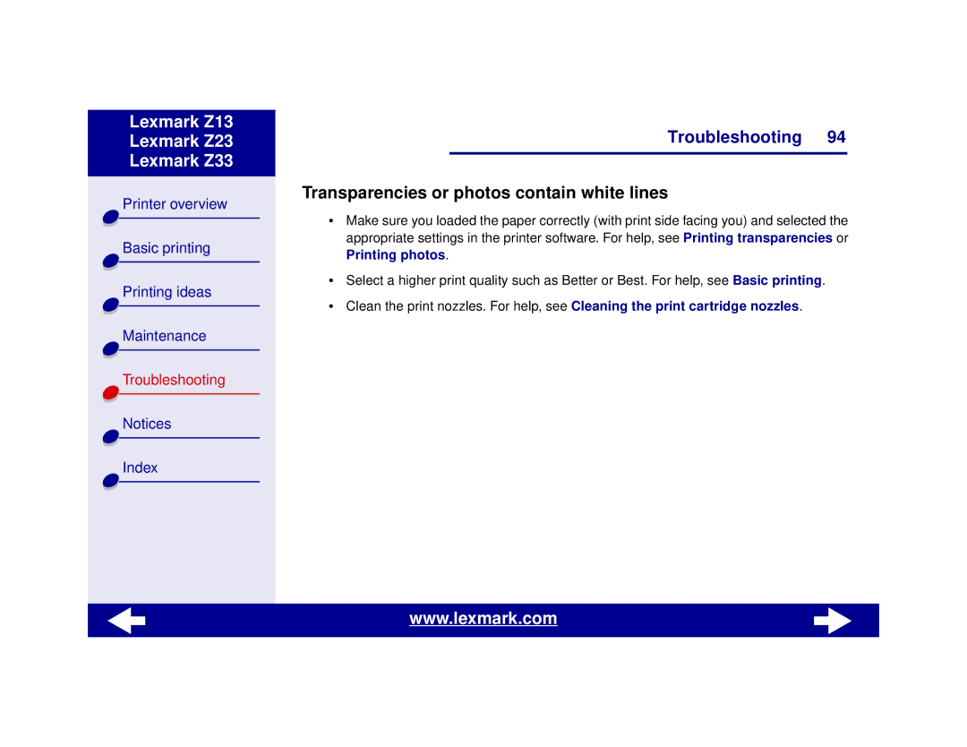 Lexmark Z13, Z23, Z33 manual Transparencies or photos contain white lines 