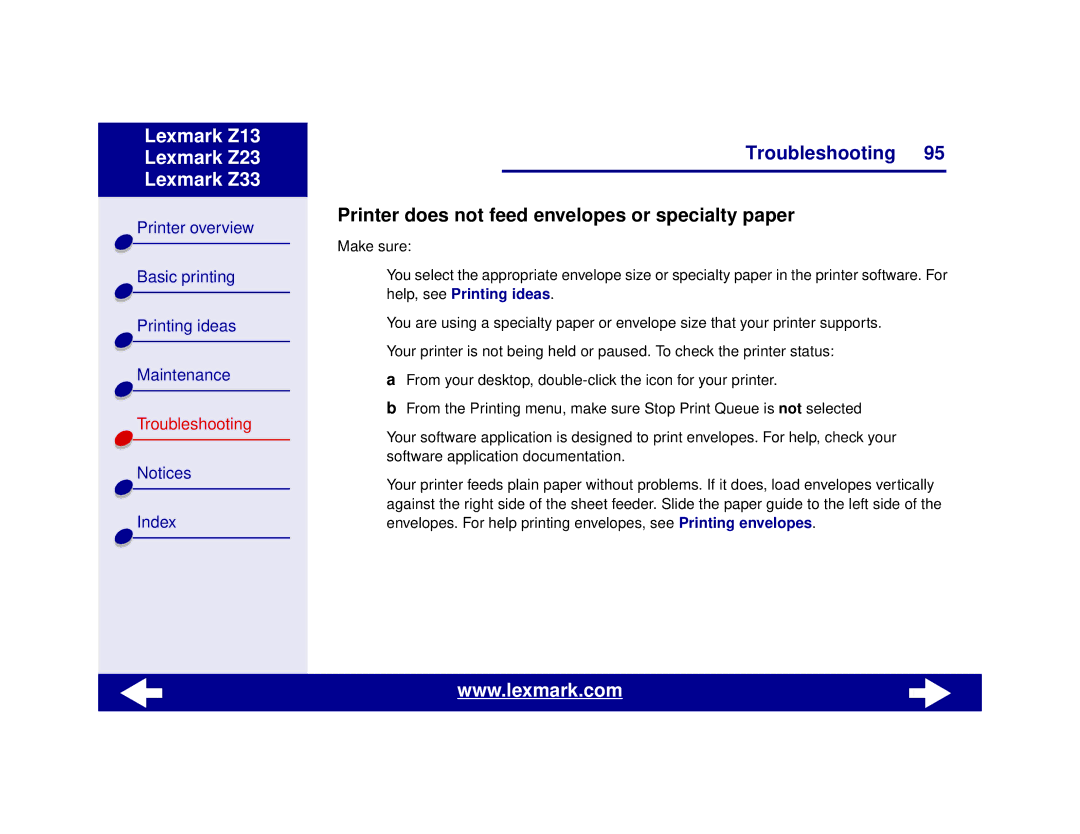 Lexmark Z13, Z23, Z33 manual Printer does not feed envelopes or specialty paper 