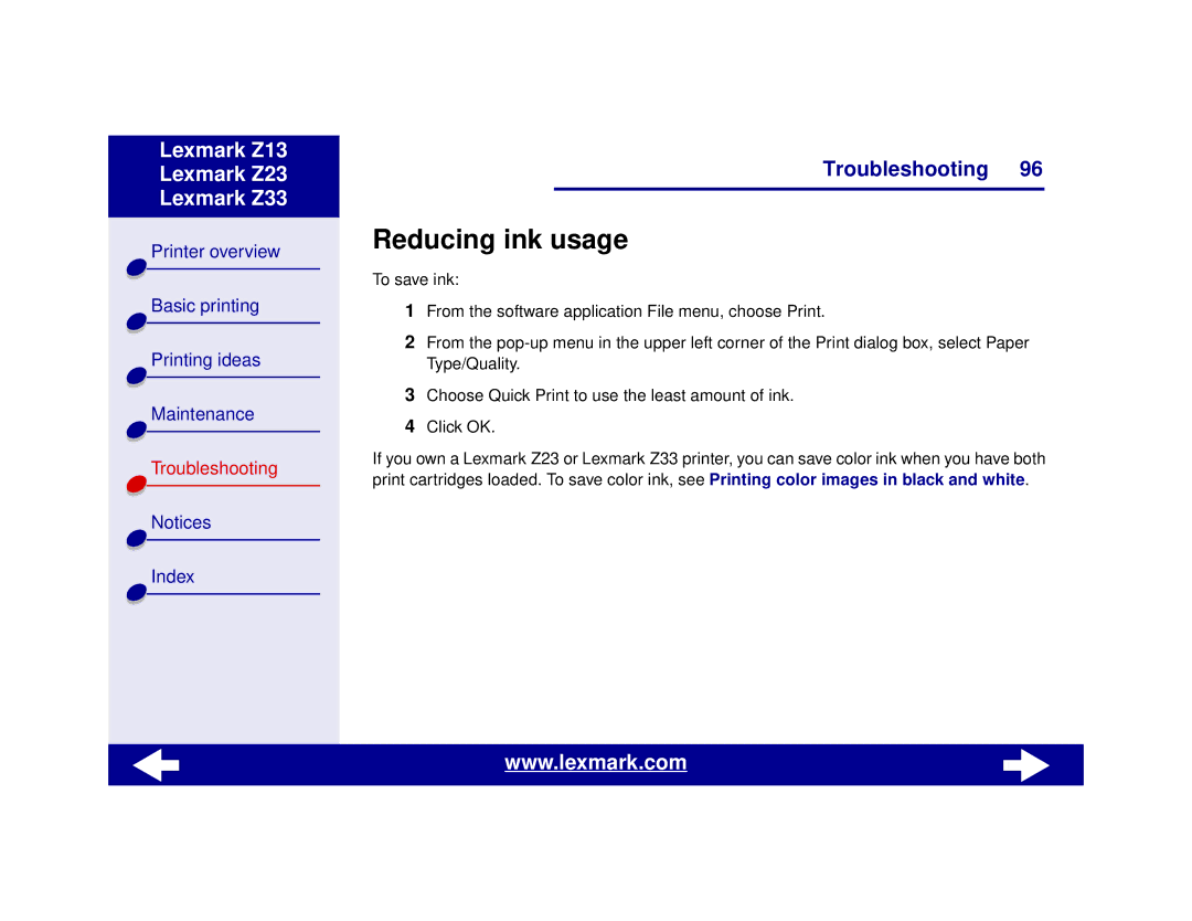 Lexmark Z13, Z23, Z33 manual Reducing ink usage 