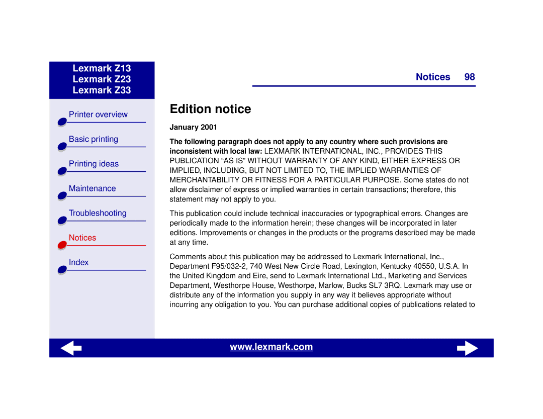 Lexmark Z13, Z23, Z33 manual Edition notice, January 