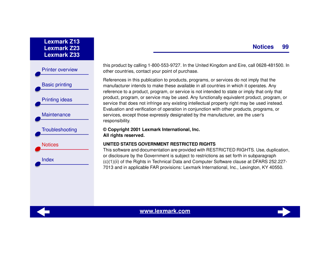 Lexmark Z13, Z23, Z33 manual United States Government Restricted Rights 