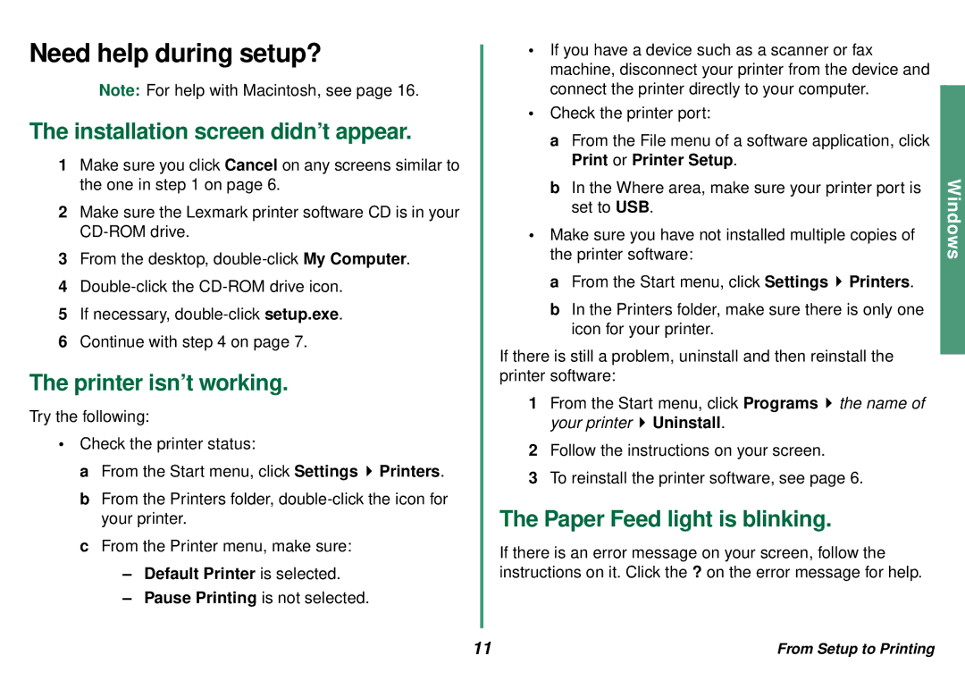 Lexmark Z33, Z23, Z13 manual Need help during setup?, Default Printer is selected 