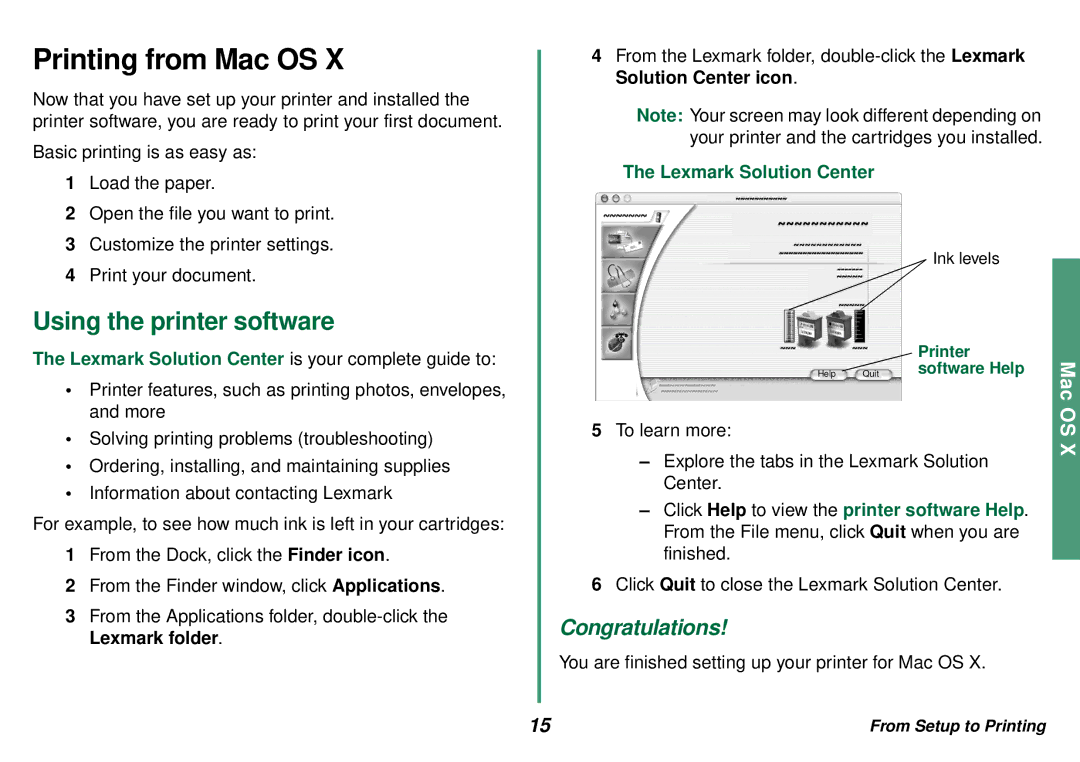 Lexmark Z13, Z23, Z33 manual Printing from Mac OS, Lexmark Solution Center is your complete guide to 