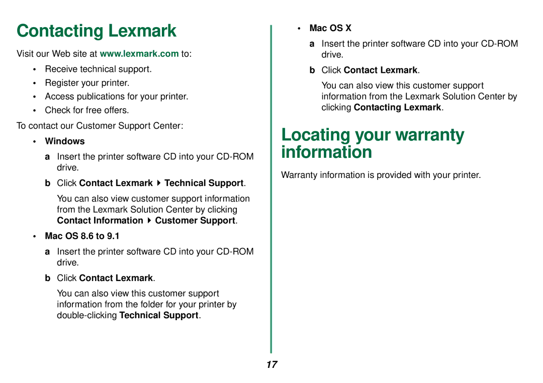 Lexmark Z33, Z23 Contacting Lexmark, Locating your warranty information, Windows, Click Contact Lexmark Technical Support 