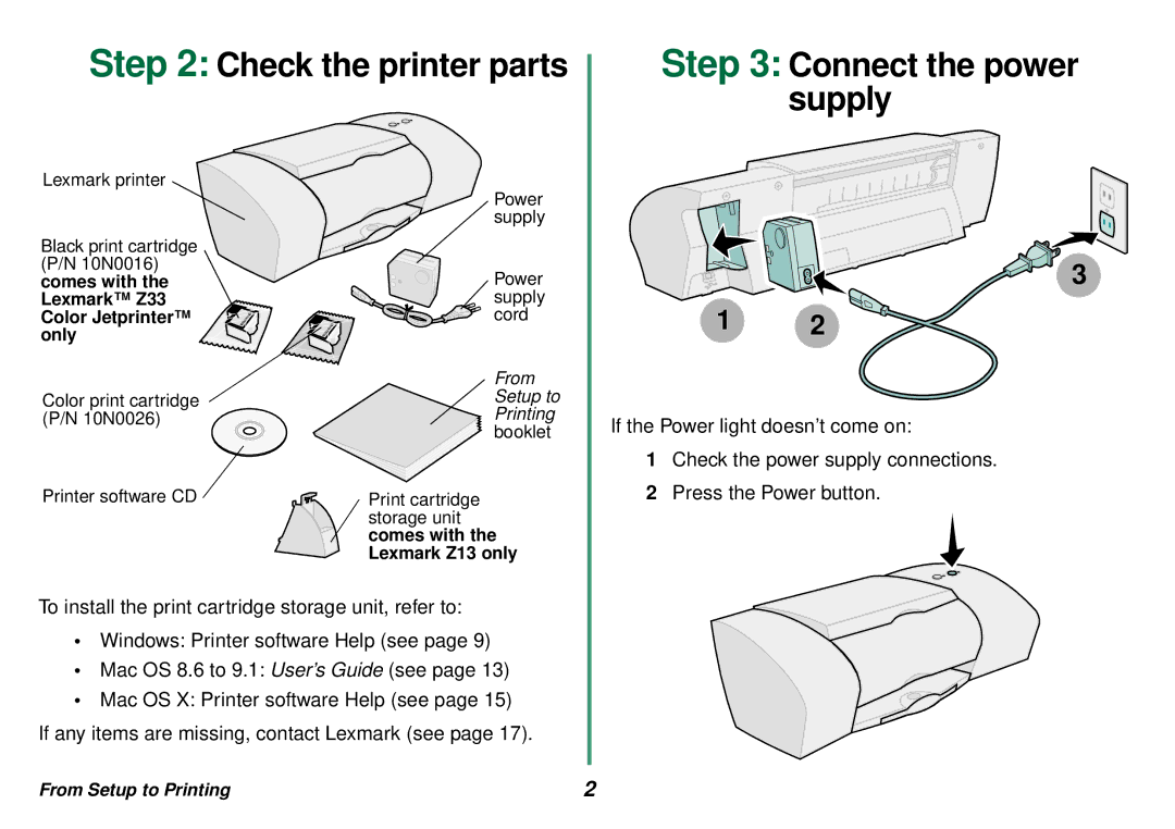 Lexmark Z33, Z23, Z13 manual Check the printer parts Connect the power supply 