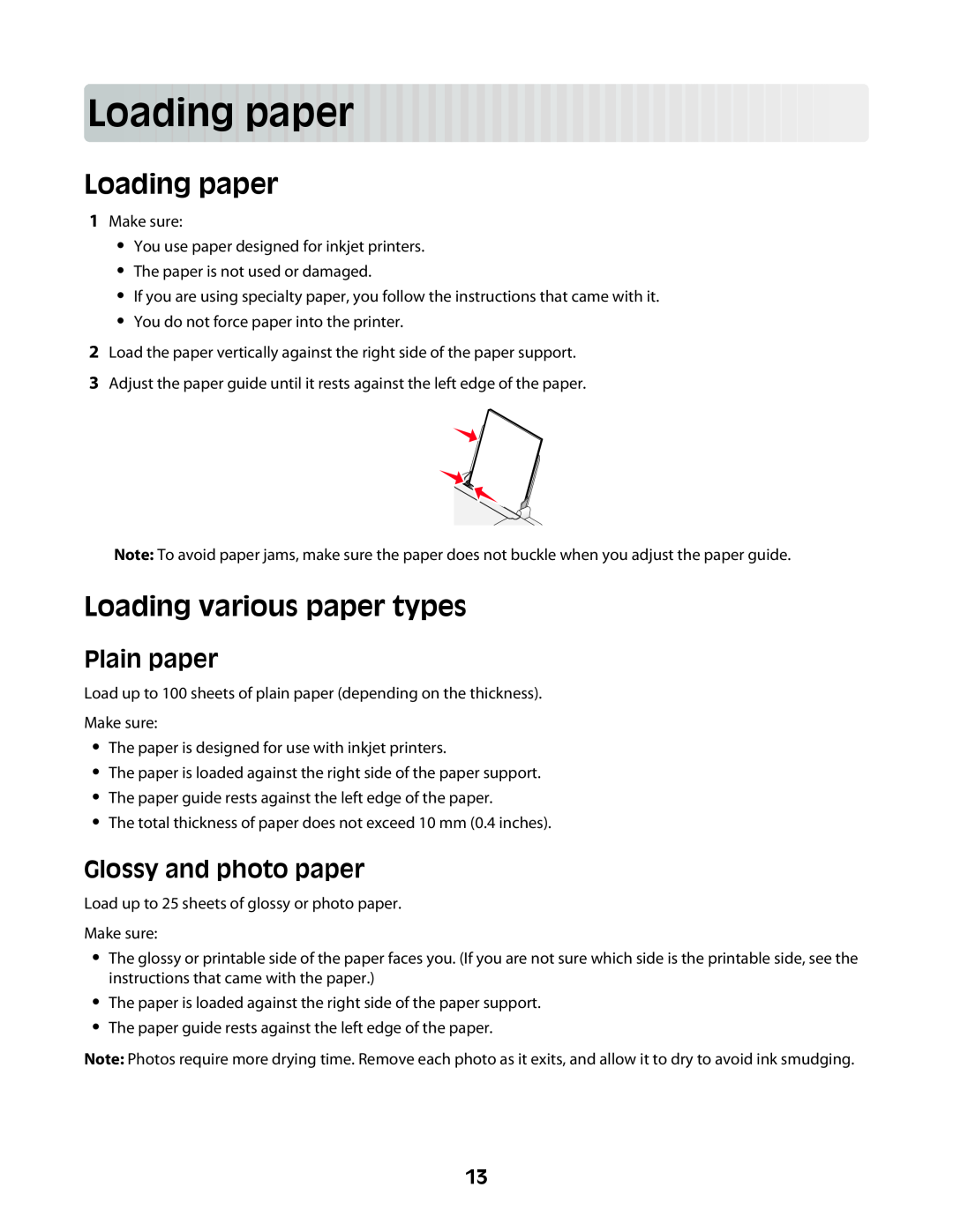 Lexmark Z2300 manual Loading paper, Loading various paper types, Plain paper, Glossy and photo paper 
