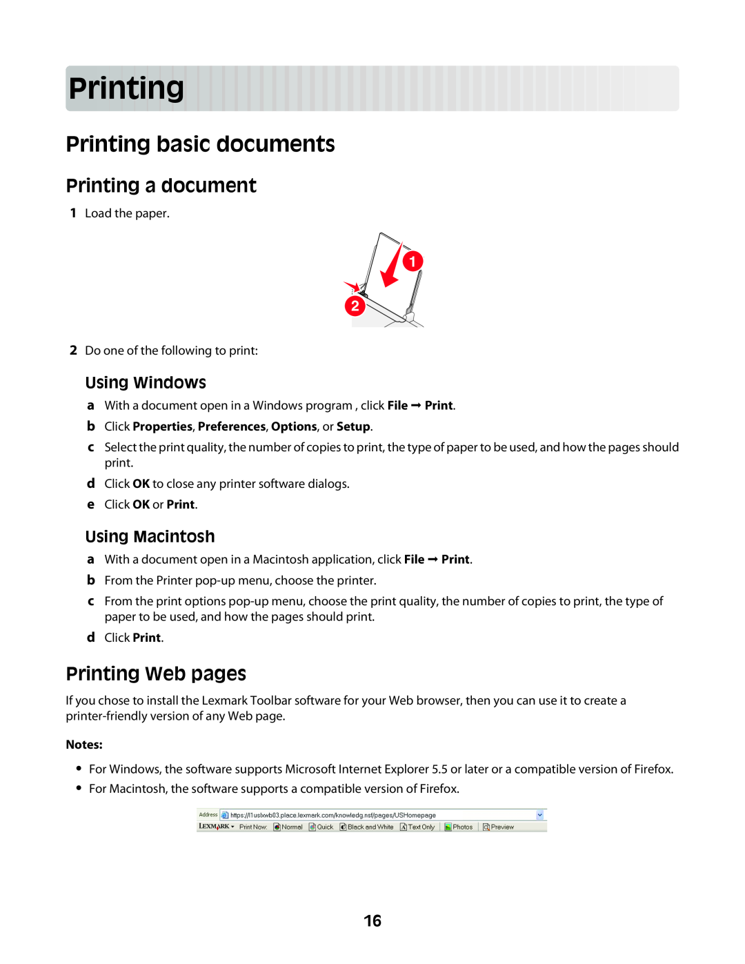 Lexmark Z2300 manual Printing basic documents, Printing a document, Printing Web pages, Using Windows, Using Macintosh 