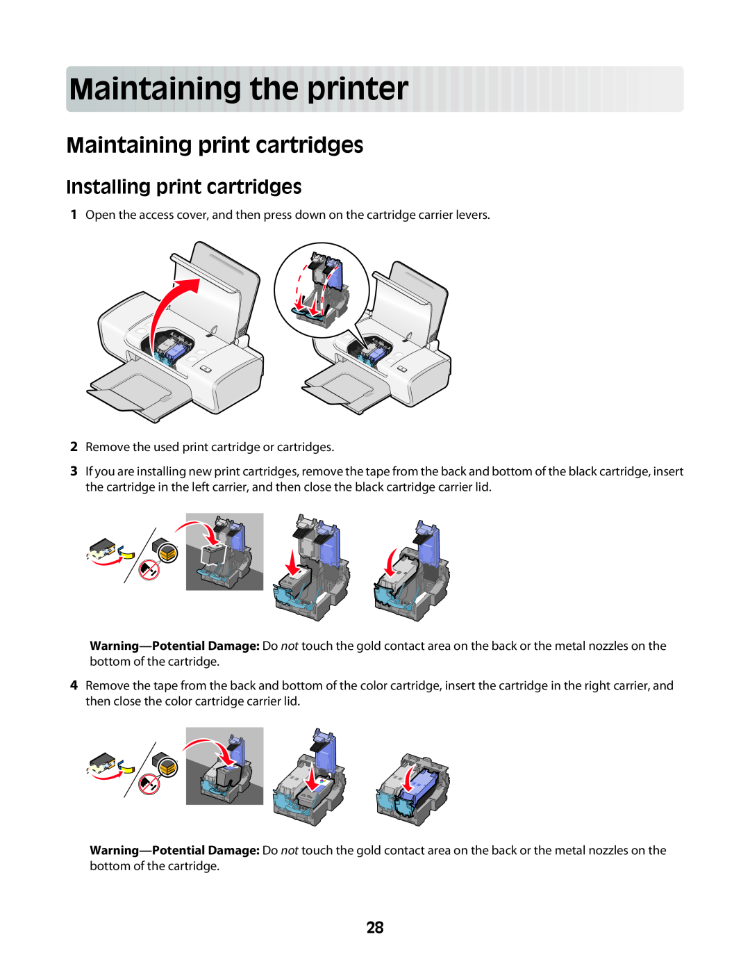 Lexmark Z2300 manual Maintainingtheprinter, Maintaining print cartridges, Installing print cartridges 