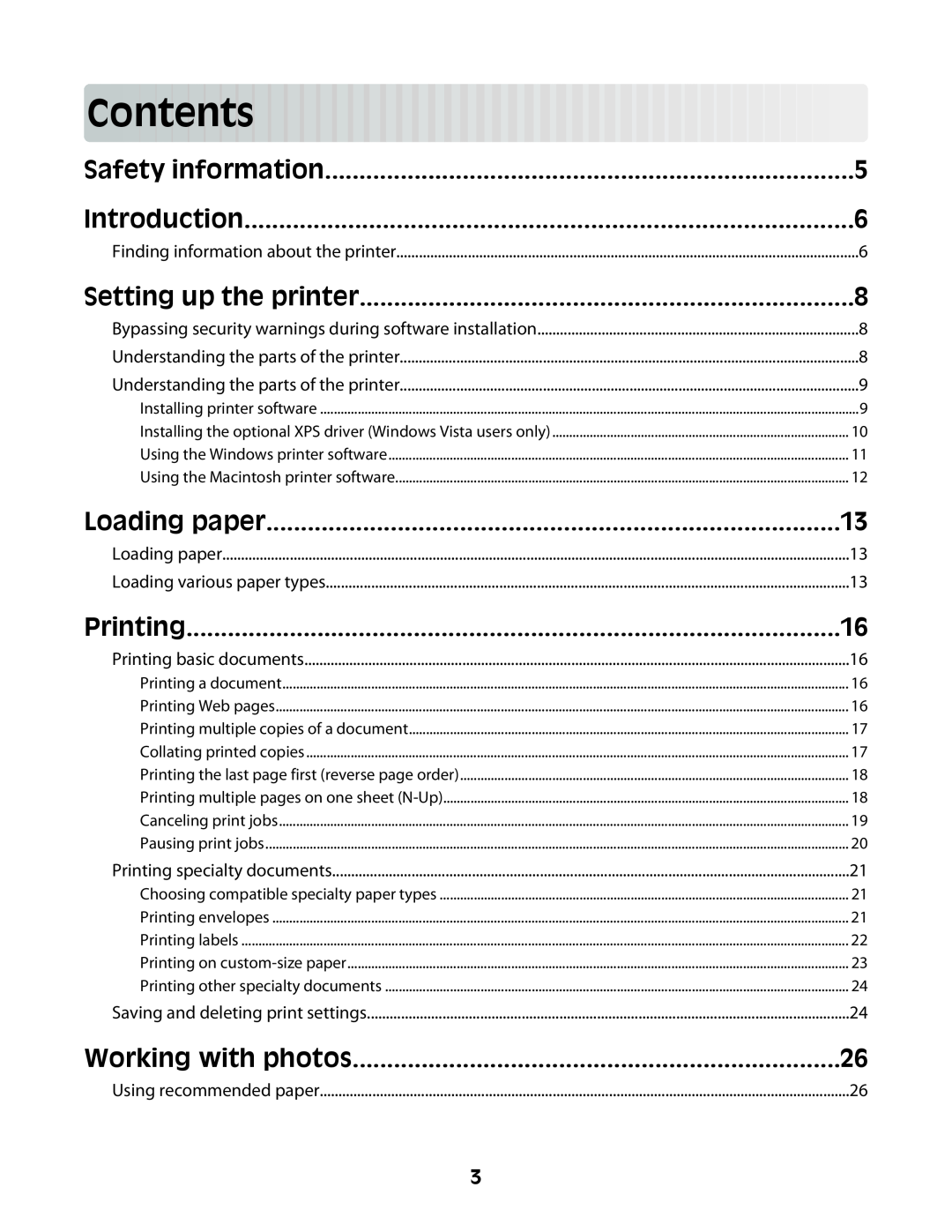 Lexmark Z2300 manual Contents, Safety information, Setting up the printer, Loading paper, Printing, Working with photos 