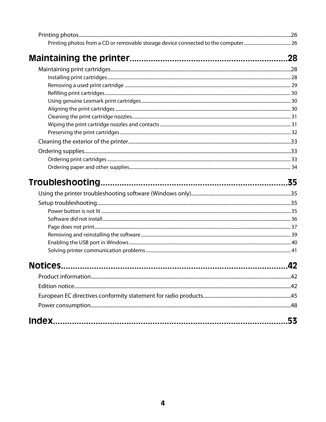 Lexmark Z2300 manual Notices, Index, Maintaining the printer, Troubleshooting 