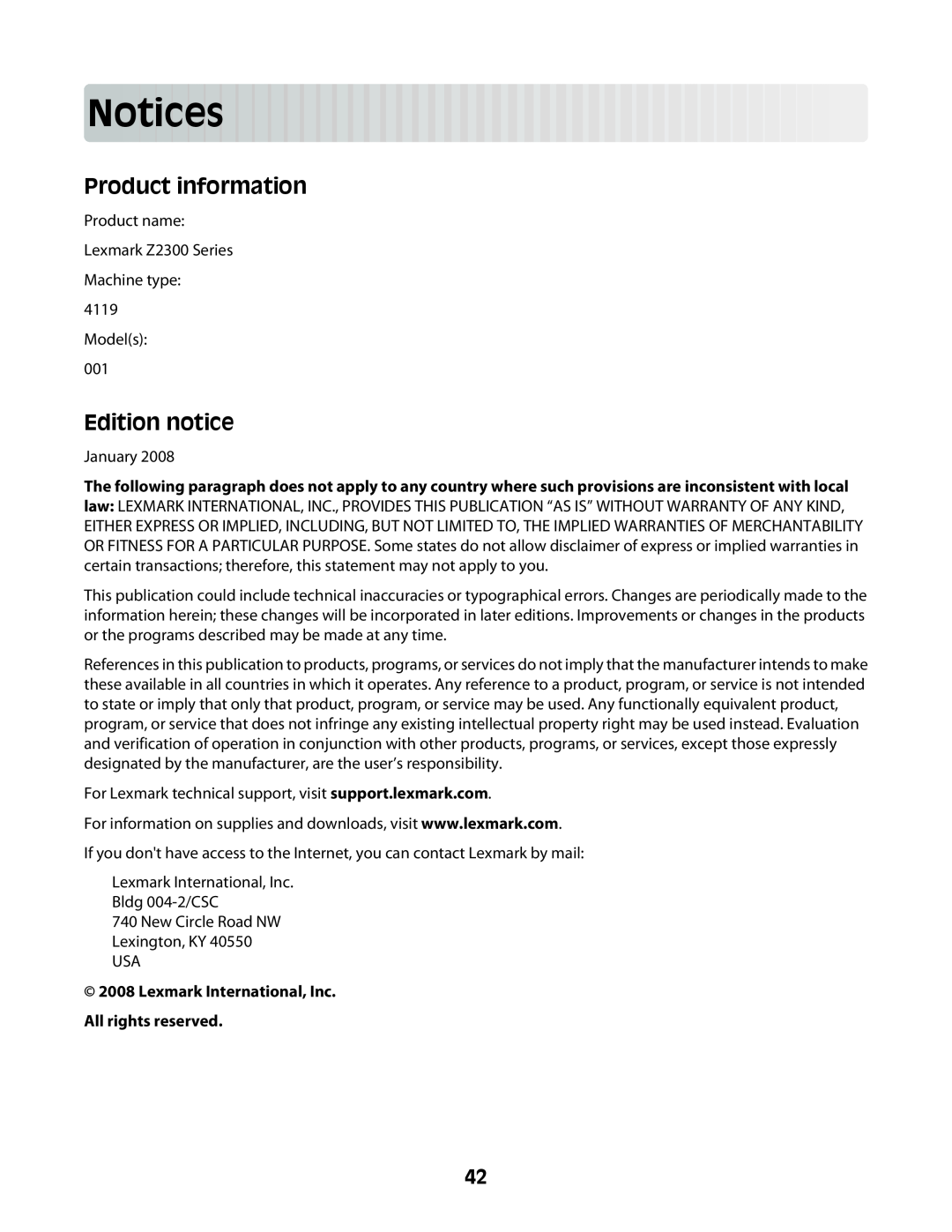Lexmark Z2300 manual Notices, Product information, Edition notice 