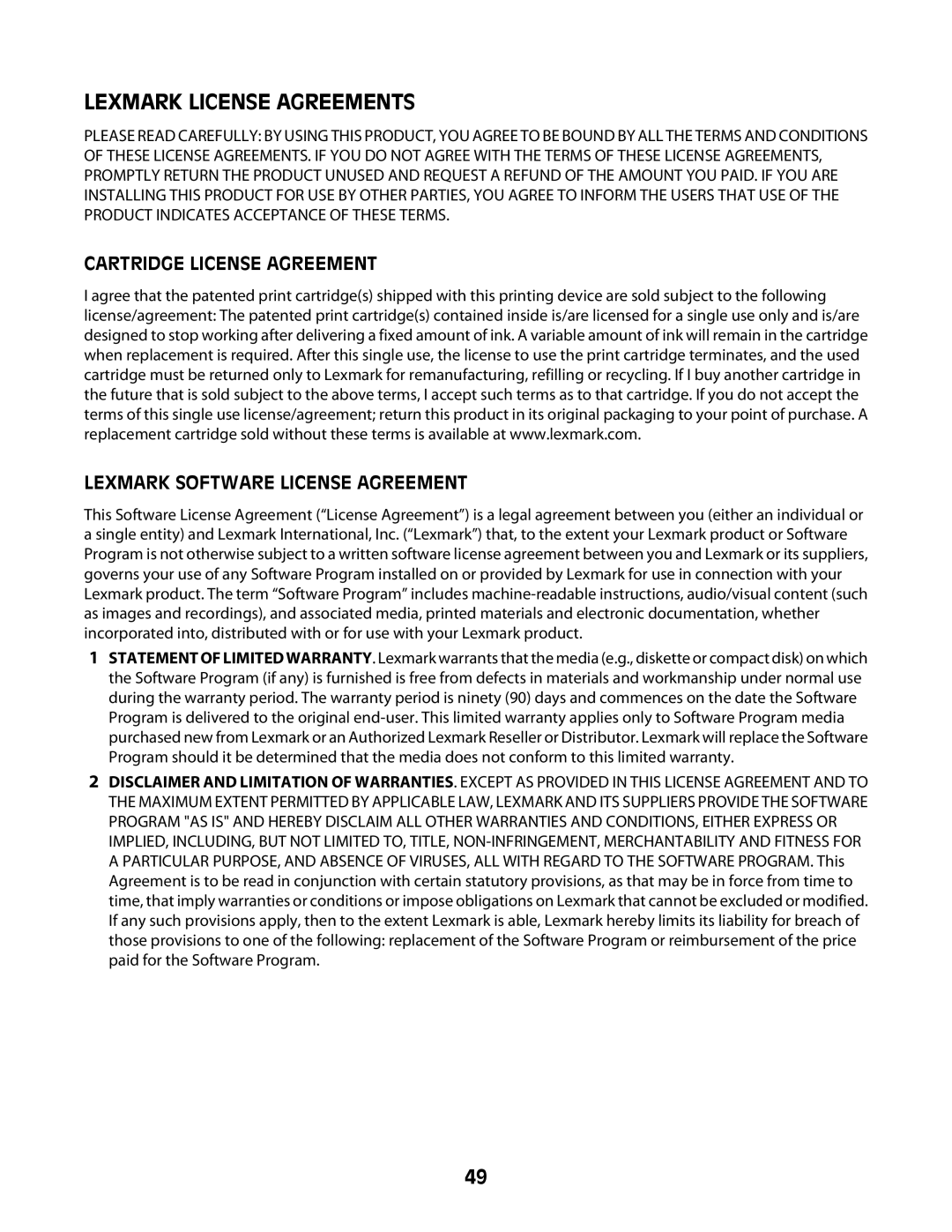 Lexmark Z2300 manual Lexmark License Agreements, Cartridge License Agreement, Lexmark Software License Agreement 